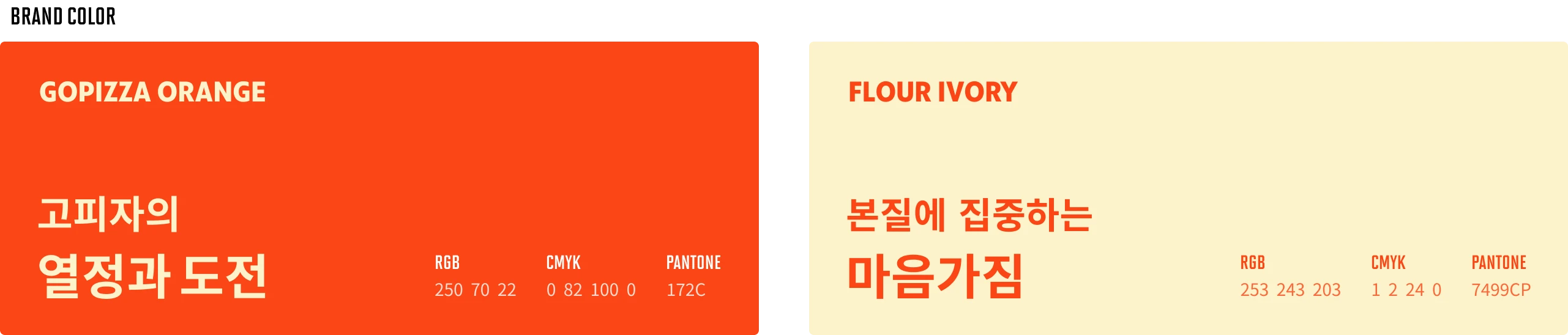 [BRAND COLOR] GOPIZZA ORANGE - 고피자의 열정과 도전 (RGB : 255 70 22, CMYK : 0 82 100 0, PANTONE : 172C), FLOUR IVORY - 본질에 집중하는 마음가짐 (RGB : 253 243 203, CMYK : 1 2 24 0, PANTONE : 7499CP)